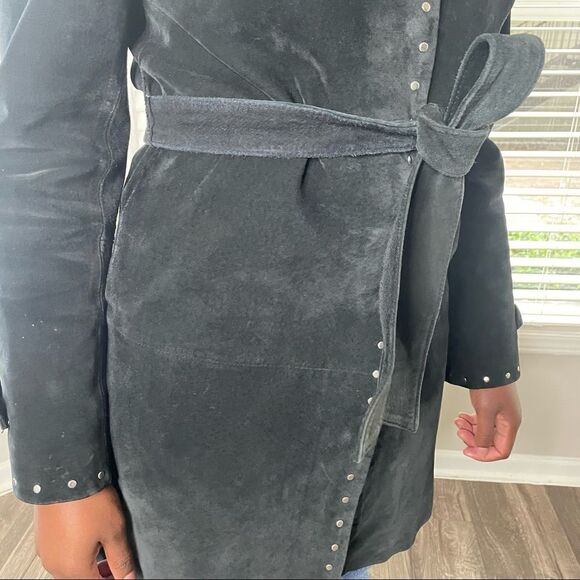 Express Vintage Suede Leather Studded Belted Trench Coat Jacket - Picture 7 of 9